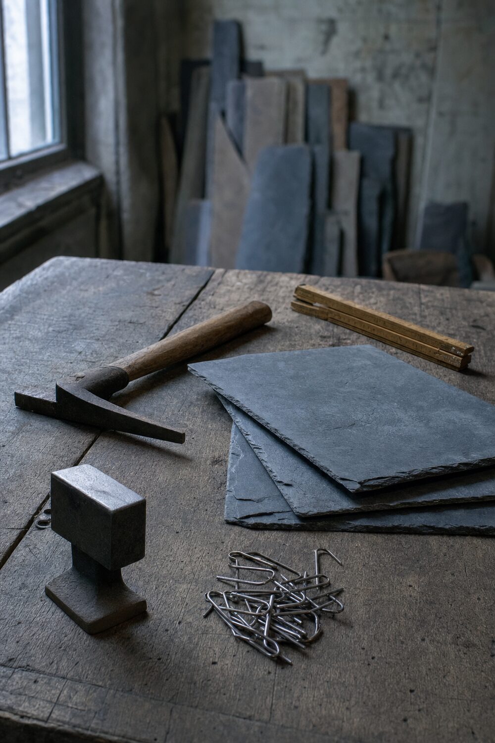 Outils de couvreur ardoisier : marteau, enclumette et crochets inox
