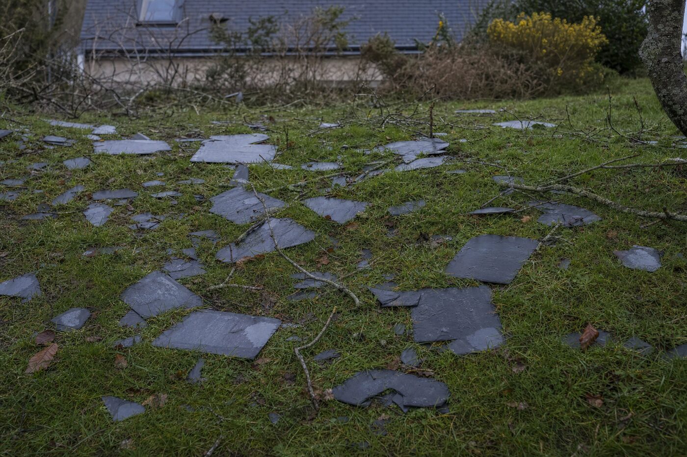 Ardoises déplacées sur un versant de toiture après un coup de vent
