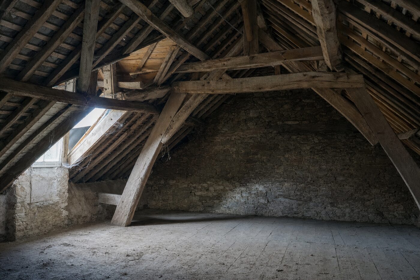Charpente traditionnelle en bois vue depuis les combles, pannes et chevrons apparents