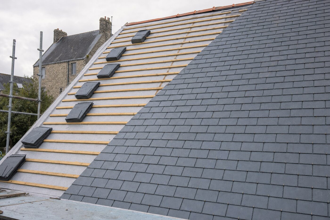 Chantier de réfection : versant en cours de pose avec écran sous-toiture et liteaunage neuf