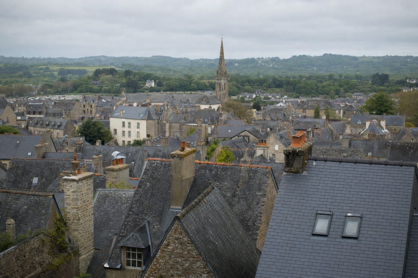 Vue sur les toitures en ardoise de Quimper et la vallée de l'Odet